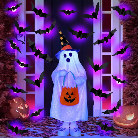 Décoration de chauve-souris d'halloween, veilleuse avec lumières violettes, autocollant mural 3D pour décoration auto-adhésive, jardin, arrière-cour, décor de fête d'halloween