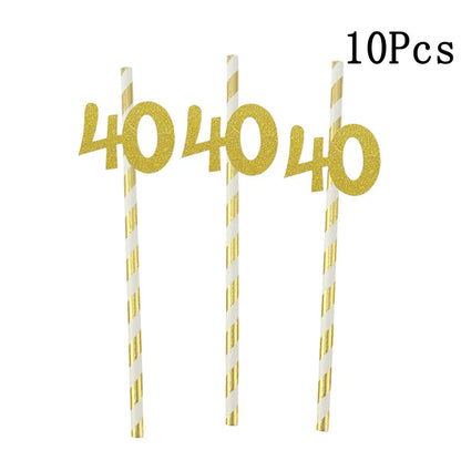 Pailles en papier à rayures dorées, 1 sac, numéro 30e 40e 50e 60e, lunettes à ceinture, pailles à boissons joyeux anniversaire pour adultes, décoration de fête en ballon
