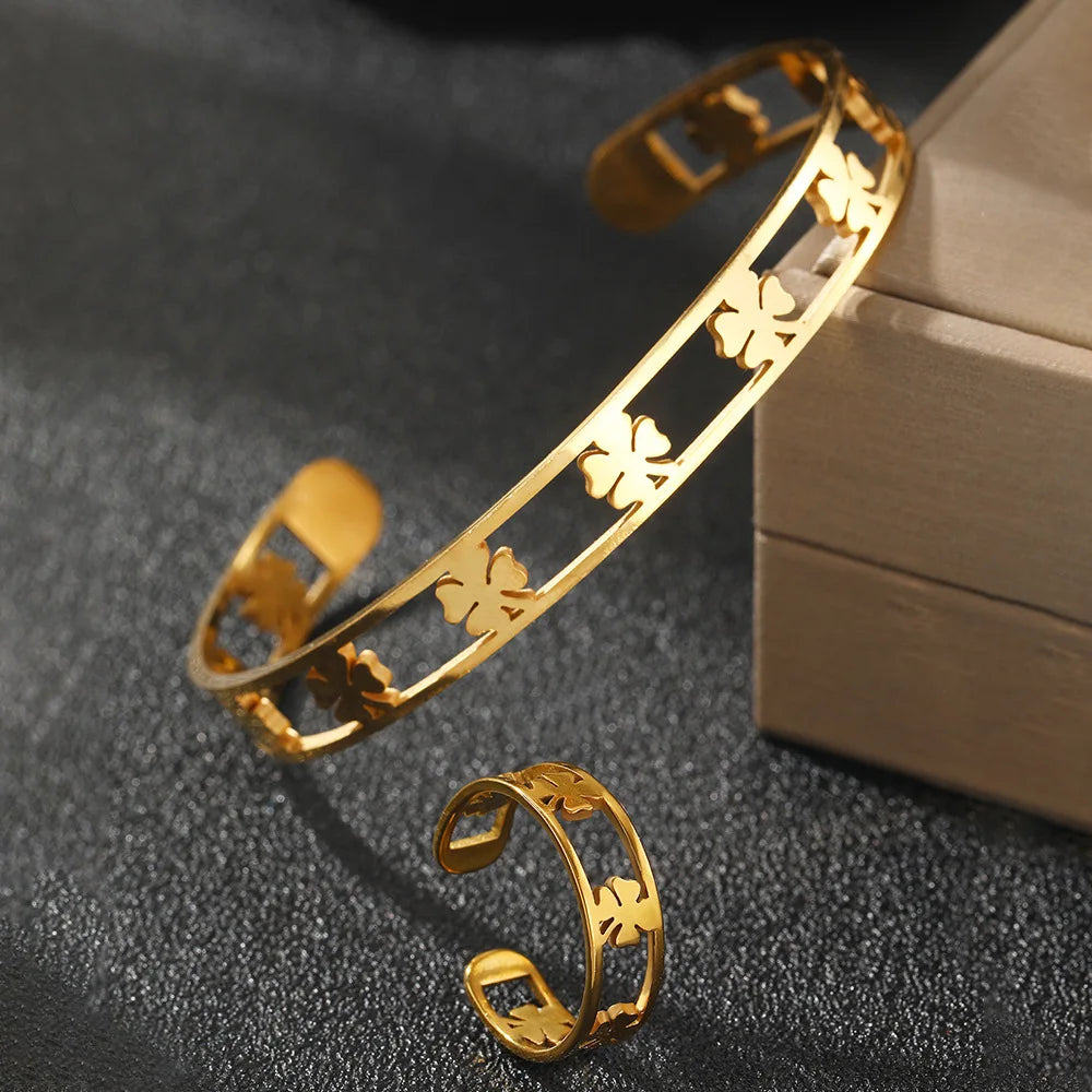 Porte-bonheur  trèfle à quatre feuilles  Bracelet anneaux ensembles pour femmes Bracelet anneaux évidé Bracelet bijoux