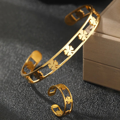 Porte-bonheur  trèfle à quatre feuilles  Bracelet anneaux ensembles pour femmes Bracelet anneaux évidé Bracelet bijoux