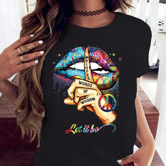 100% coton ample col rond bouche créative à manches courtes T-shirt femme surdimensionné T-shirt hauts vêtements esthétiques
