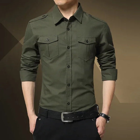 Chemise slim à manches longues de style militaire pour hommes, épaulette en coton, double poche, chemise décontractée, nouveau, 2025