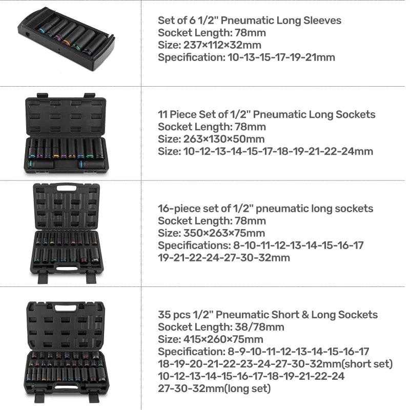 Jeu de douilles à percussion Hi-Spec 6/11 pièces 1/2 "avec douilles de 78mm de Long (10-24mm), jeu de clés à douilles outils mécaniques professionnels