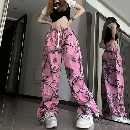 Y2k rose Graffiti impression complète pantalon causal rue Hip-hop amusant pantalon à jambes larges pour les femmes été taille haute ample et minceur Tre