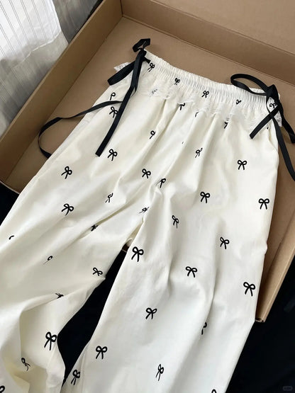 Viser décontractés pour femmes, Baggy Sweet Bow Design, Taille élastique, Esthétique Ulzzang, Jogging polyvalent, viser à jambes larges, Mode