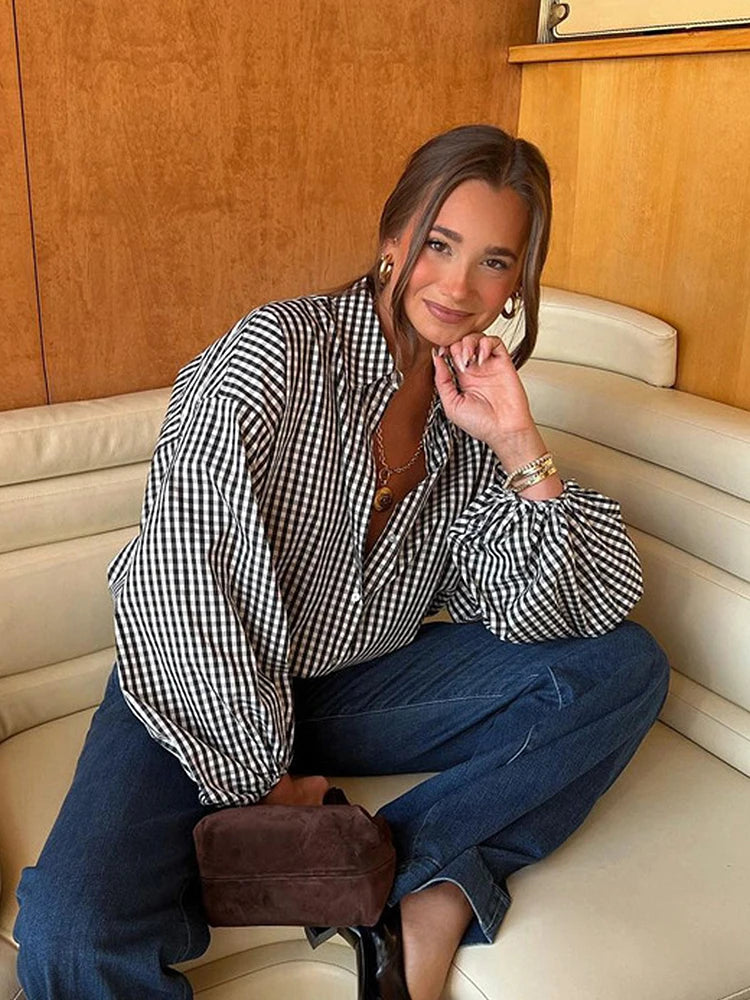 Mumaroho-Chemisier noir à manches longues pour femme, chemise à carreaux vintage, femme, automne, hiver, 2023