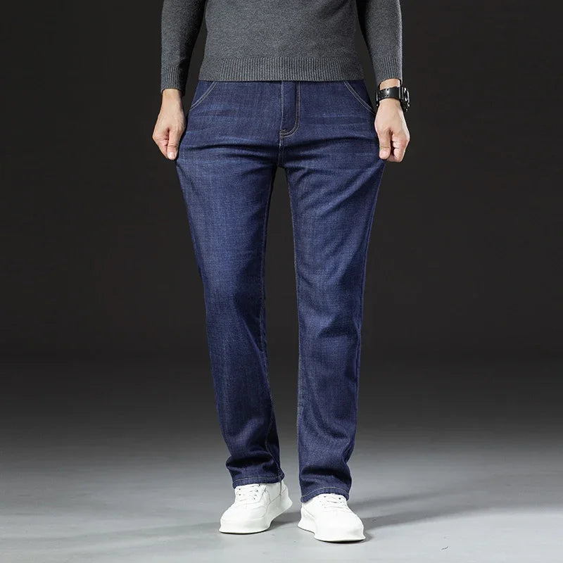 Hiver agneau peluches Denim pantalon droit hommes épaissir grande taille 40 jean taille haute Stretch jean doublé polaire chaud mince Vaqueros