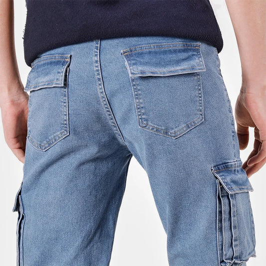 Pantalon cargo en denim pour hommes, taille élastique, couleur unie, délavé, coupe cintrée, décontracté, avec plusieurs poches, pour un usage quotidien