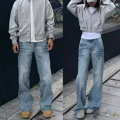 American Vibe style rétro lavé été nouveaux jeans pour hommes et femmes Instagram marque de mode haute rue lâche jambe droite pantalon
