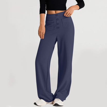 Pantalon à jambes droites pour femmes, classique, Simple, solide, taille haute, mode, poches à boutons, taille élastique, décontracté, nouvelle collection