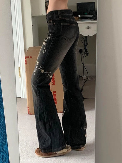 Jean Vintage brodé de fleurs Y2k années 2000, jean évasé taille basse, Baggy d'été pour femmes, mode Streetwear, pantalon en Denim