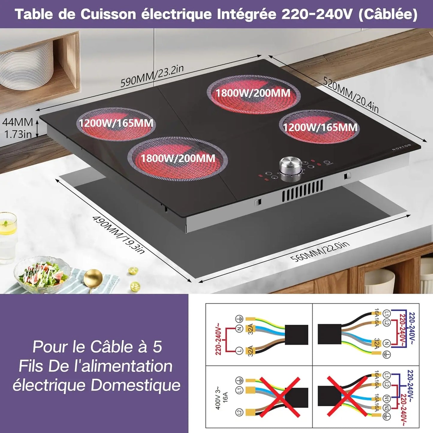 NOXTON Plaque VItrocéramique 4 Feux avec Commande à Bouton Unique, Plaque de Cuisson Electrique 4 Feux Encastrable, Table de Cuisson Vitrocéramique, 220-240V, 6000W, sans Prise