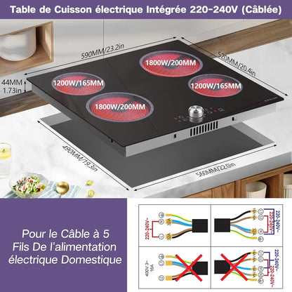 NOXTON Plaque VItrocéramique 4 Feux avec Commande à Bouton Unique, Plaque de Cuisson Electrique 4 Feux Encastrable, Table de Cuisson Vitrocéramique, 220-240V, 6000W, sans Prise