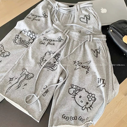 Kawaii femmes Hello Kitty pantalons décontractés Sanrio dessin animé coton pantalons longs Anime filles étudiant mignon danse pantalons à jambes larges dessiner corde
