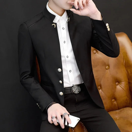 Vestes de costume décontractées à col montant pour hommes, manteaux de Blazer à trois boutons avec coutures de couleur unie, mode jeunesse, nouvelle collection printemps 2024