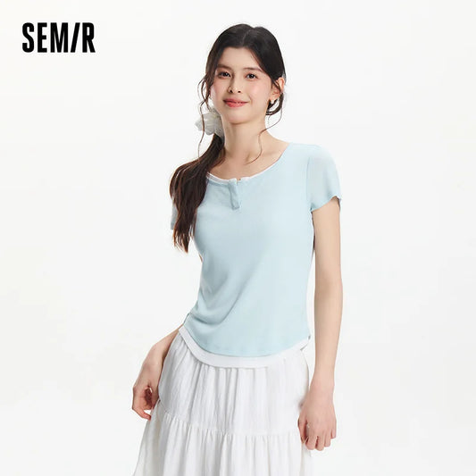 SEMIR-T-Shirt à Manches Courtes pour Femme, Pull Court, Élégant, Décontracté, Faux Deux Pièces, Slim Fit, Top Minimaliste, Nouvelle Collection Été 2025