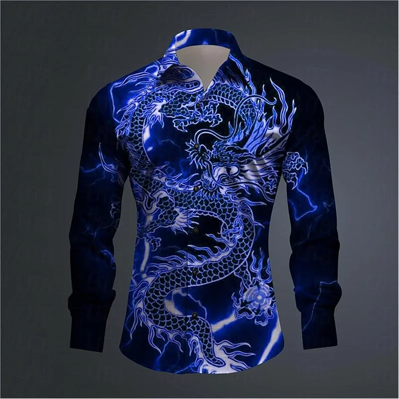Chemise à manches longues imprimée en 3D abstraite pour hommes, haut à revers confortable, culture du dragon, tendance de la mode, tenue quotidienne