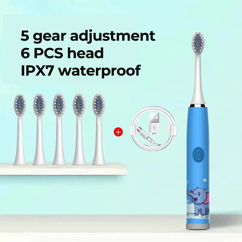 Brosse à dents électrique sonique USB pour enfants, Rechargeable, colorée, dessin animé, automatique, étanche IPX7, avec tête de remplacement