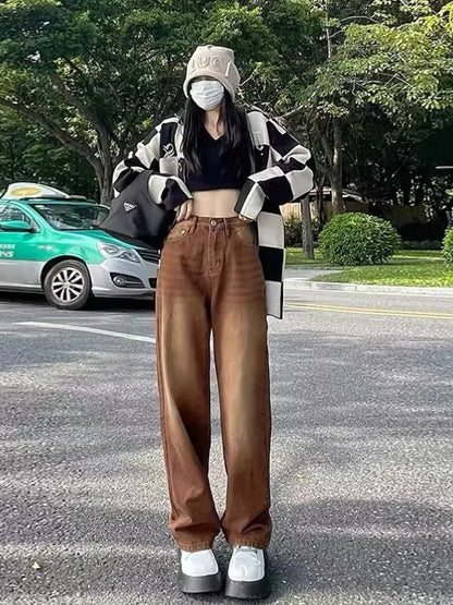 Feynzz – jean marron rétro européen et américain pour femme, pantalon taille haute, jambe droite, ample et fin, jambes larges, printemps et automne