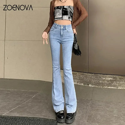 ZOENOVA-Jean baggy taille haute pour femme, pantalon évasé chic, bleu, gris, fer à cheval, Bootcut Denim Streetwear, vêtements Y2K, nouveau, 2023