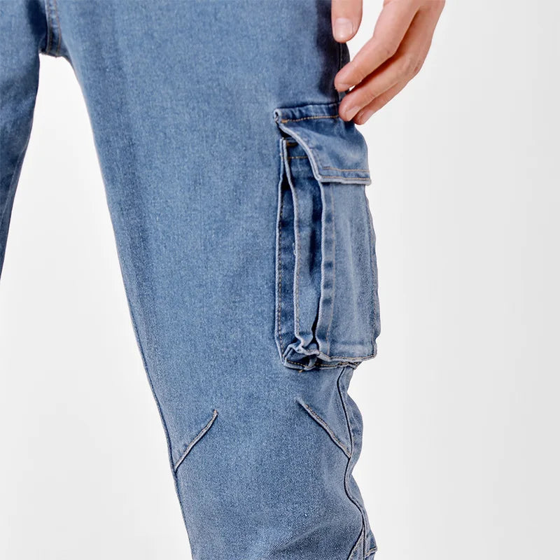 Pantalon cargo en denim pour hommes, taille élastique, couleur unie, délavé, coupe cintrée, décontracté, avec plusieurs poches, pour un usage quotidien