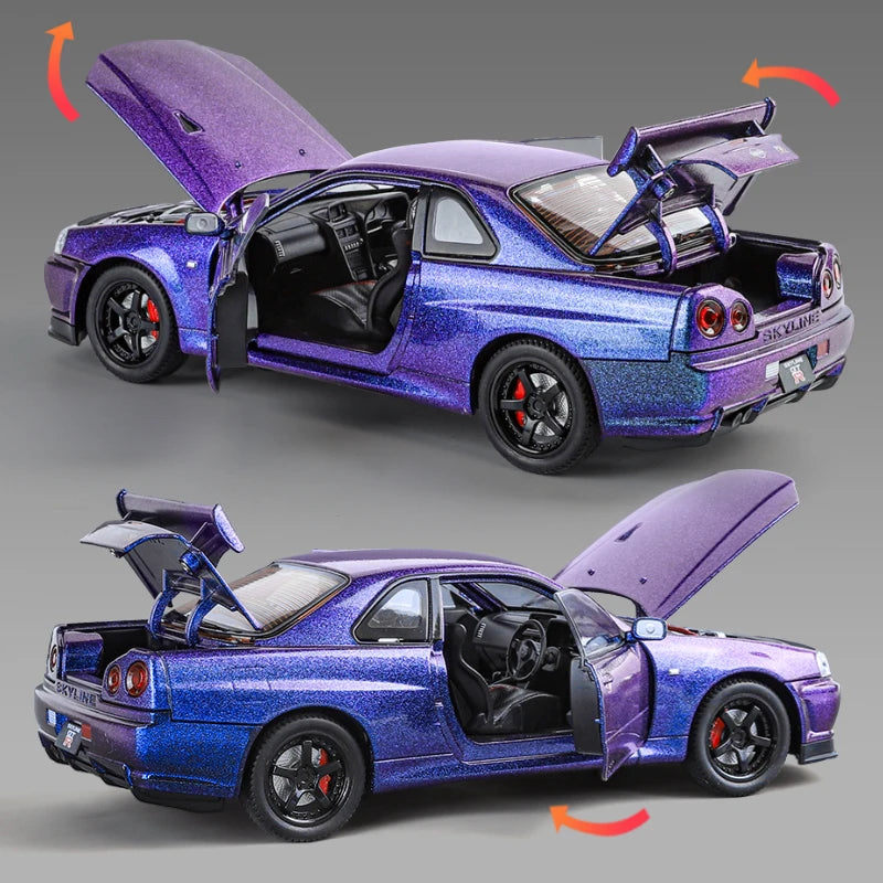 1:24 GTR R34 Skylin Diecast Modèle En Métal De Voiture Son Et Lumière Tirer Supercar Sport Racing Collection Loisirs Vacances Cadeau Garçon