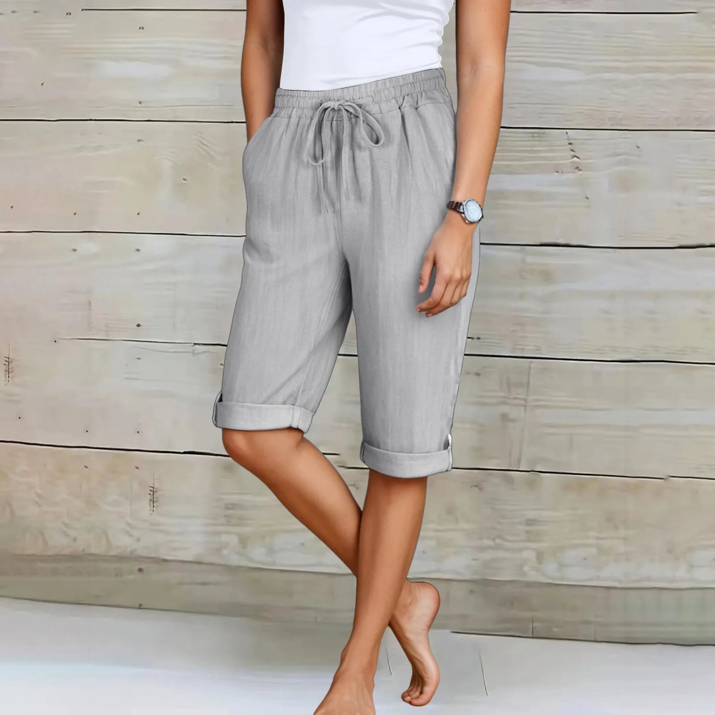 Femmes été Shorts décontracté genou longueur jambe droite taille élastique cordon à lacets pantalons courts femme genou longueur bas