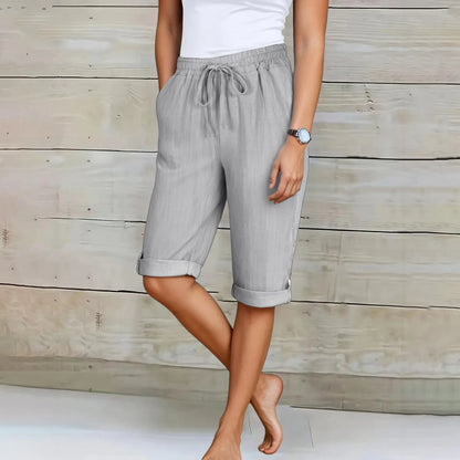 Femmes été Shorts décontracté genou longueur jambe droite taille élastique cordon à lacets pantalons courts femme genou longueur bas