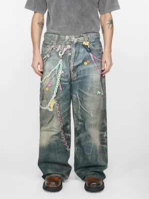 Jean en denim ample à jambes larges, style de rue, rétro, chaîne de bonbons imprimée neutre, nouveau couple, pantalon ample taille basse, printemps et été