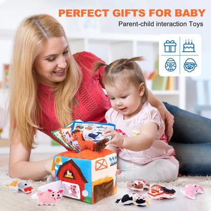 Boîte à mouchoirs en peluche douce pour bébé, avec son, ensemble de maison d'animaux de ferme simulés, jouets Montessori, jouets de Cognition sensorielle pour tout-petits
