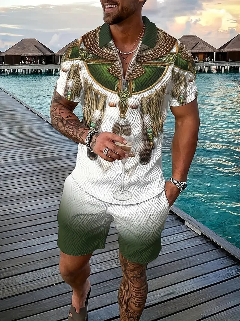 Polo et short College en 3D pour hommes, motif ethnique rétro, fermeture éclair, vêtements de rue décontractés, mode, nouveau, 2 pièces