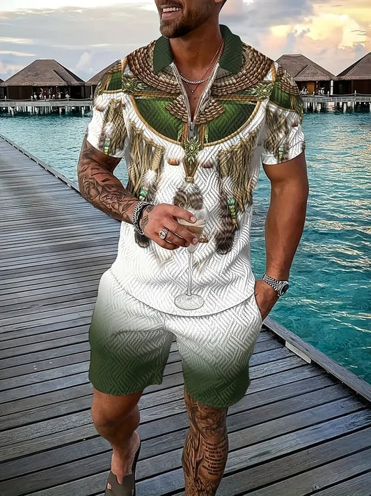 Polo et short College en 3D pour hommes, motif ethnique rétro, fermeture éclair, vêtements de rue décontractés, mode, nouveau, 2 pièces