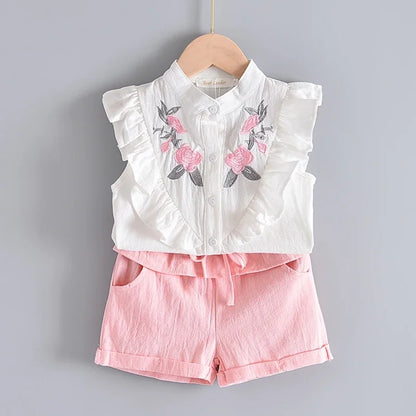 BEAR LEADER-Ensemble d'été décontracté en mousseline de soie pour enfant, t-shirt et pantalon bleus à fleurs, pour fille de 3 à 7 ans, nouvelle collection