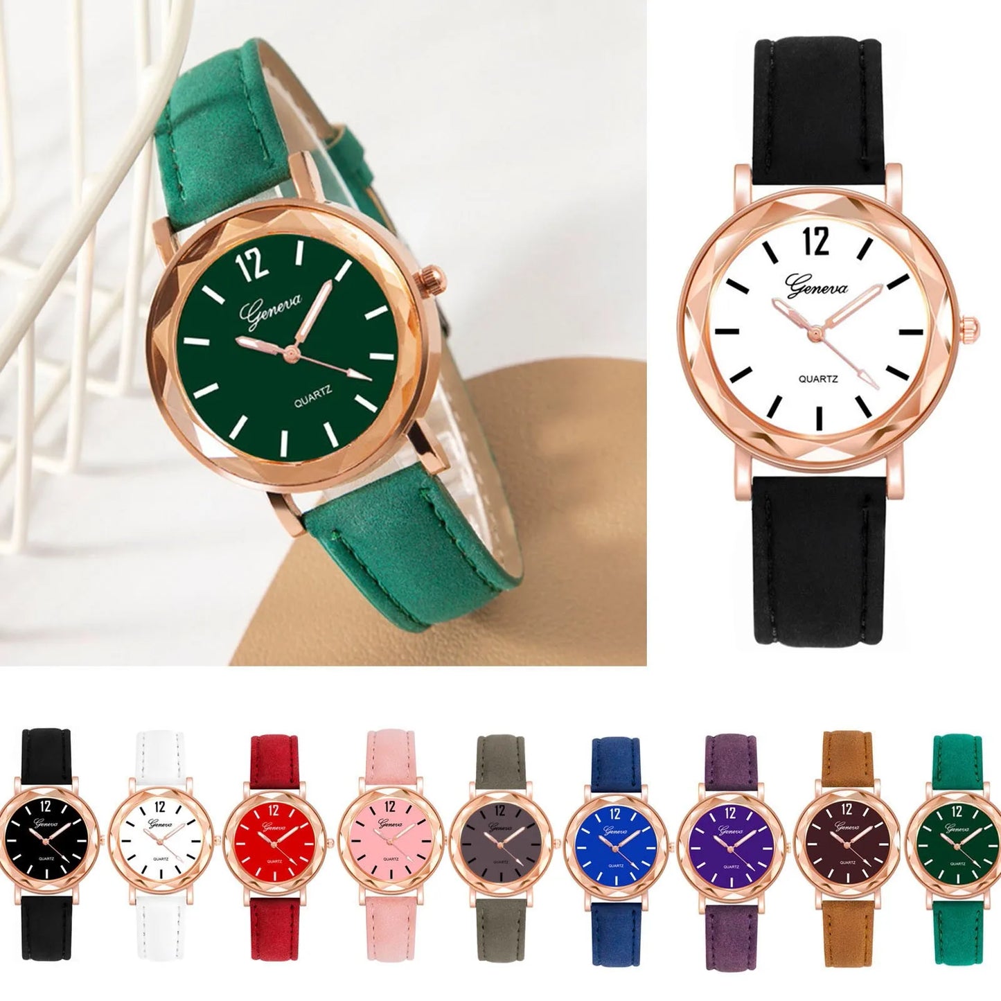Montre à Quartz décontractée, bracelet en cuir, strass,