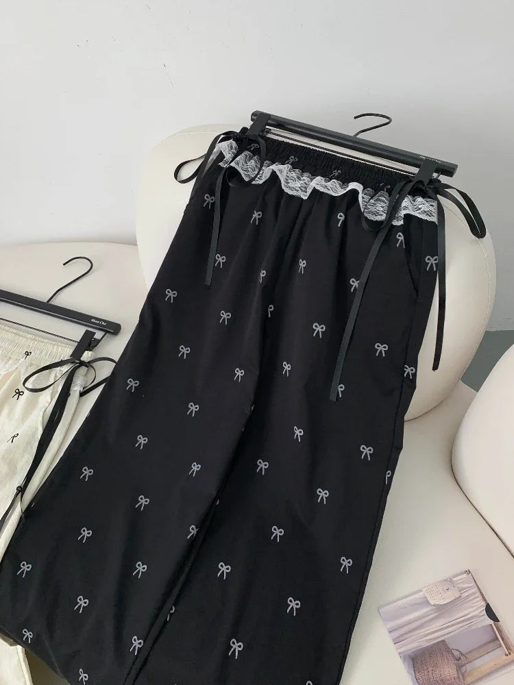 Viser décontractés pour femmes, Baggy Sweet Bow Design, Taille élastique, Esthétique Ulzzang, Jogging polyvalent, viser à jambes larges, Mode