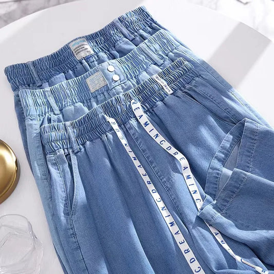 Jean élastique taille haute et jambes larges. Nouveau jean Tencel fin décontracté à lacets en soie glacée à la mode pour les femmes au printemps et en été