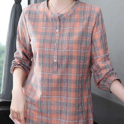 Chemise à carreaux à col rond pour femmes, vêtements d'été, Vintage, décontracté, manches 3/4, boutons épissés, pulls, chemisiers