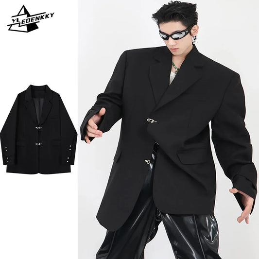 Manteau surdimensionné imbibé de style RO pour hommes et femmes, blazers à boutons, conception de faux deux pièces, rue haute, document solide, parkas à la mode, printemps et automne