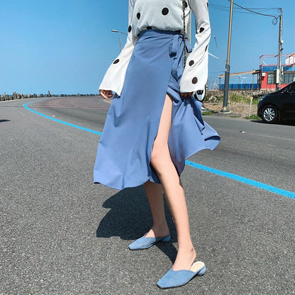 Printemps été automne plage jupe femmes 9 couleurs taille haute côté cravate décontracté jupe portefeuille femme solide élégant Midi jupe vêtements