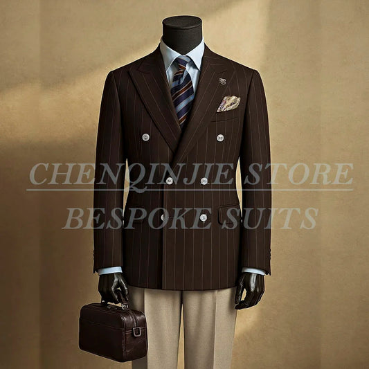 SILIWEYA – costumes formels à rayures marron pour hommes, ensemble veste et pantalon 2 pièces personnalisés, haute qualité, revers, coupe cintrée, 2025
