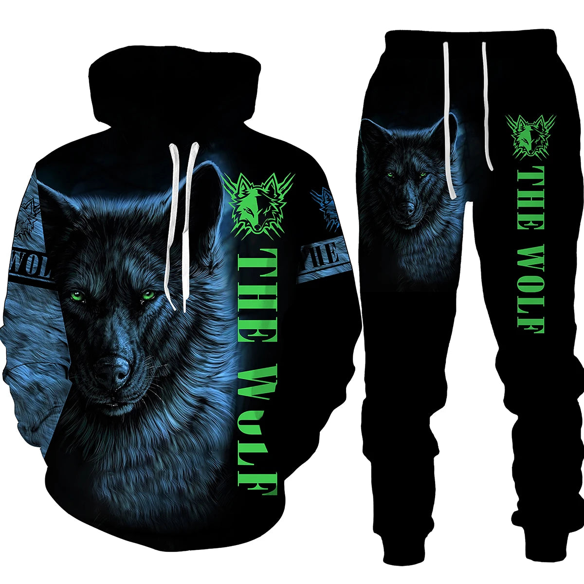 Ensemble de pantalons de survêtement et sweat à capuche College en 3D pour hommes, survêtement surdimensionné, streetwear imbibé, vêtements de sport, motif animal loup, hiver, automne