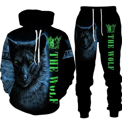 Ensemble de pantalons de survêtement et sweat à capuche College en 3D pour hommes, survêtement surdimensionné, streetwear imbibé, vêtements de sport, motif animal loup, hiver, automne