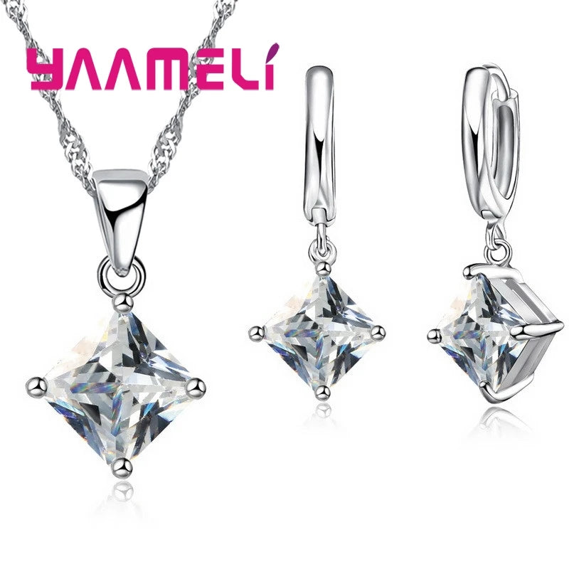 Ensembles de bijoux en argent regardé 925 pour femmes, boucles d'oreilles carrées à géométrie simple, collier en cristal,