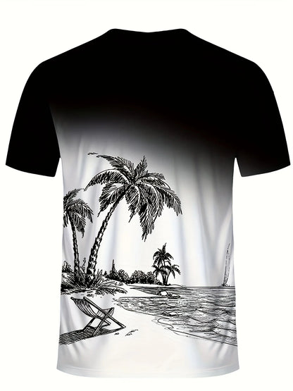 Série d'été hommes dégradé cocotier imprimé respirant col rond T-shirt ensemble short et haut extérieur deux pièces ensemble