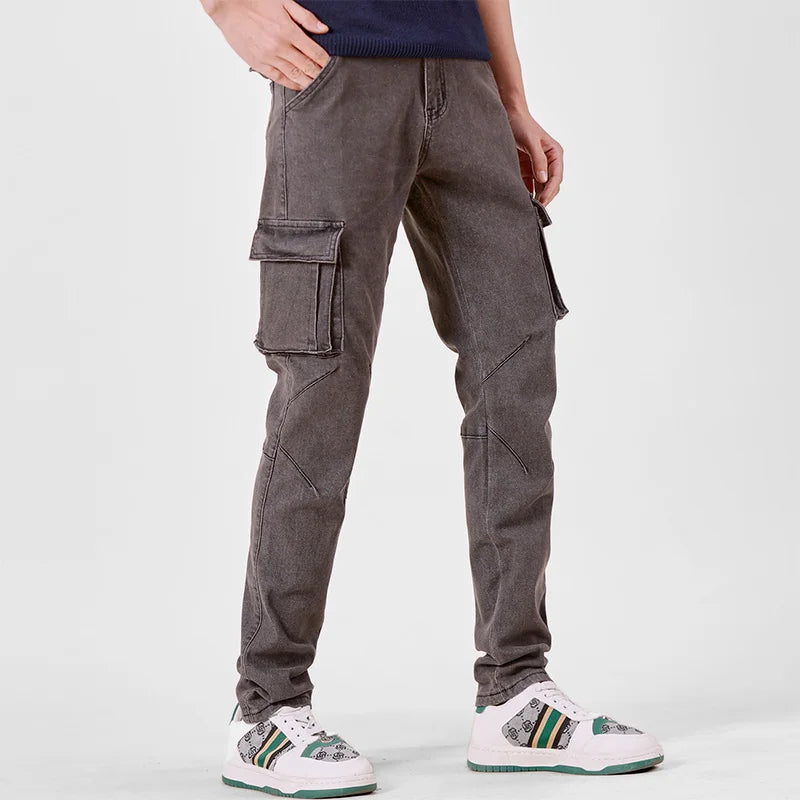 Pantalon cargo en denim pour hommes, taille élastique, couleur unie, délavé, coupe cintrée, décontracté, avec plusieurs poches, pour un usage quotidien