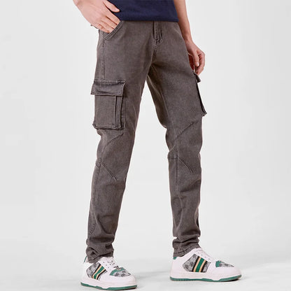 Pantalon cargo en denim pour hommes, taille élastique, couleur unie, délavé, coupe cintrée, décontracté, avec plusieurs poches, pour un usage quotidien