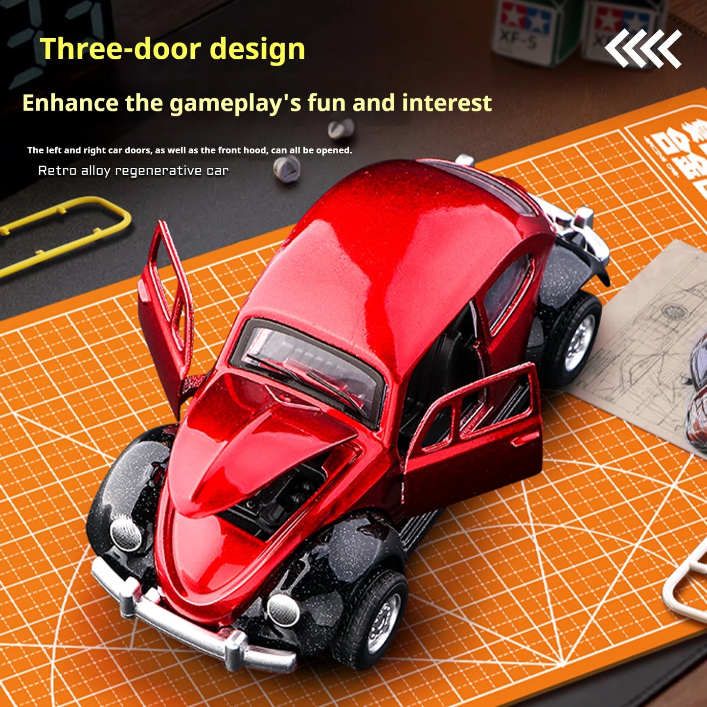 Modèle de voiture classique Beetle mini voiture en alliage à traction, trois portes peuvent être ouvertes à l'échelle 1:60, cadeaux pour garçons adultes et enfants