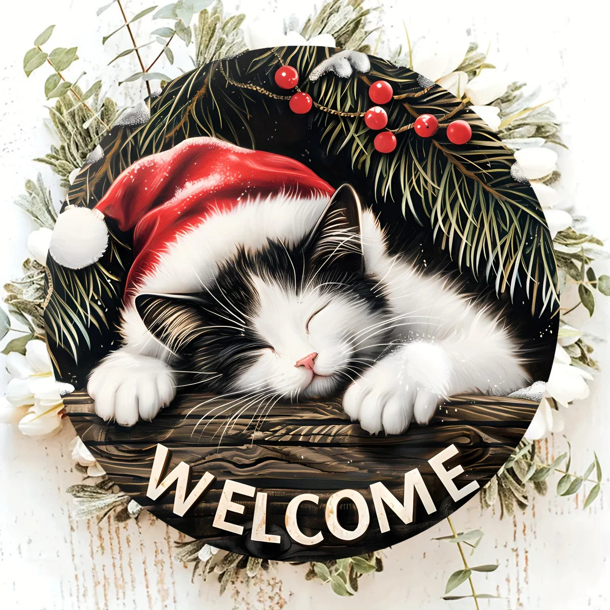 Panneau de bienvenue de noël-20x20 cm, décoration ronde suspendue en bois avec motif de chat endormi, parfait pour les accents de couronne, nouveau Ye