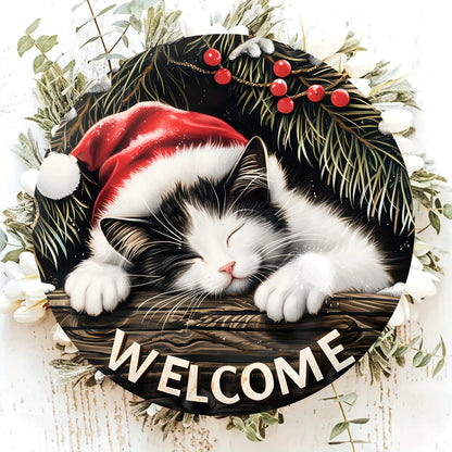 Panneau de bienvenue de noël-20x20 cm, décoration ronde suspendue en bois avec motif de chat endormi, parfait pour les accents de couronne, nouveau Ye
