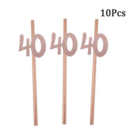 Pailles en papier à rayures dorées, 1 sac, numéro 30e 40e 50e 60e, lunettes à ceinture, pailles à boissons joyeux anniversaire pour adultes, décoration de fête en ballon
